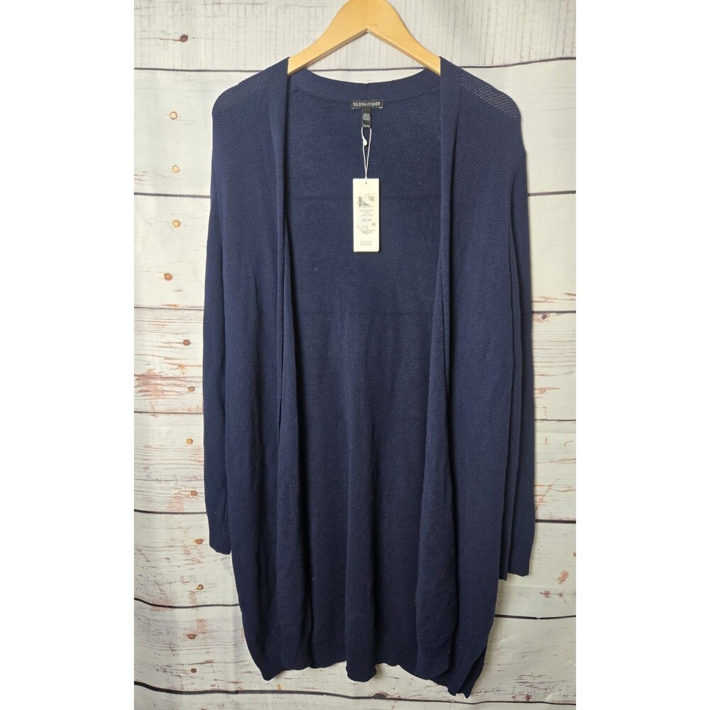 Eileen Fisher Womens Cardigan Size XL Navy Blue Open Front Long Duster Classic